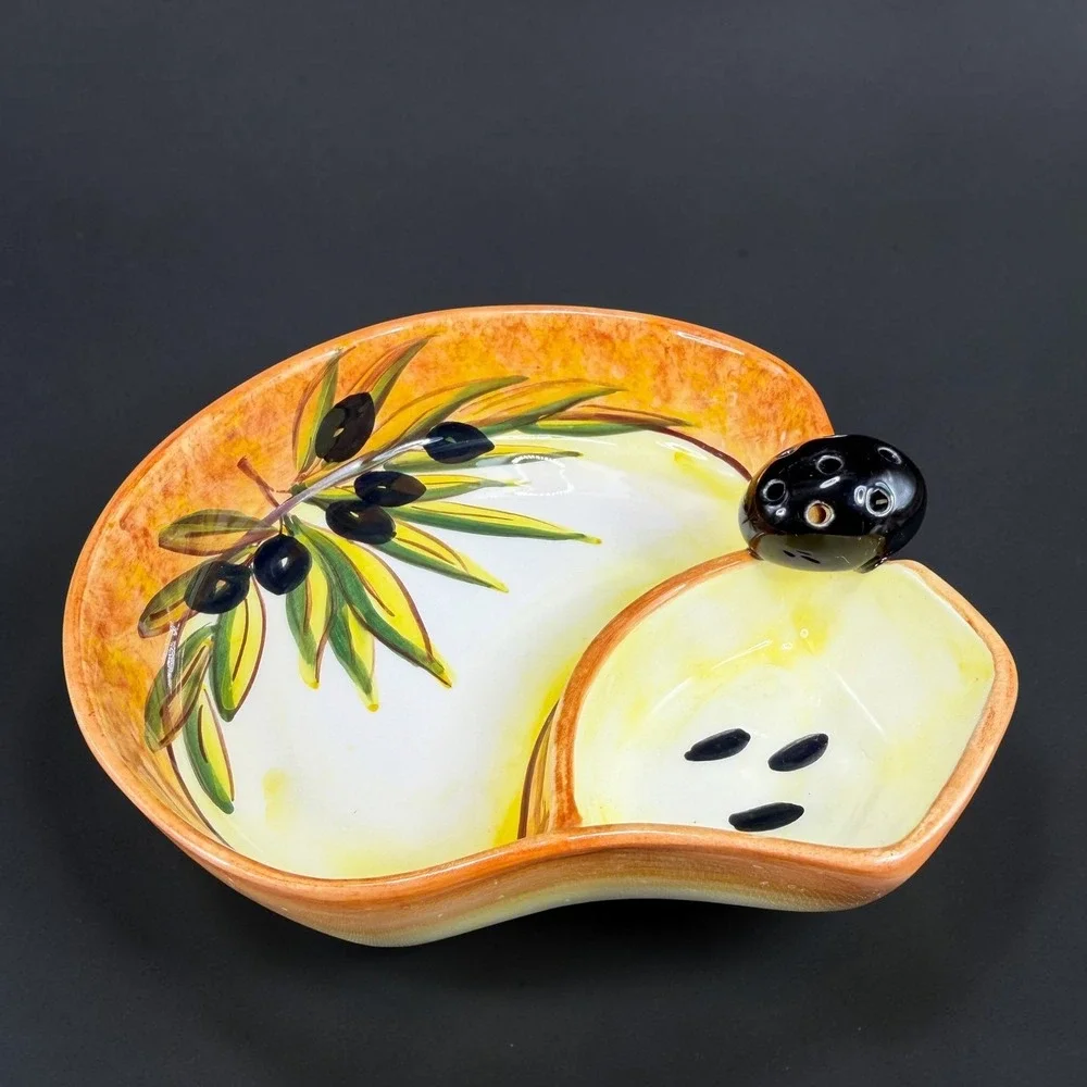 Hand Painted Ceramic Olive Serving Dish Mediterranean Signed 6in Orange Yellow
